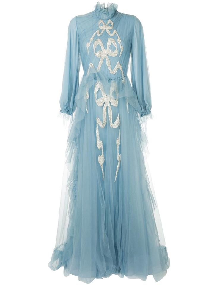 Sandra Mansour Embroidered Bow Evening Dress - Blue