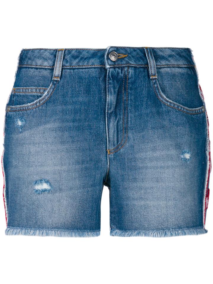 Ermanno Scervino Floral Applique Side Stripe Denim Shorts - Blue