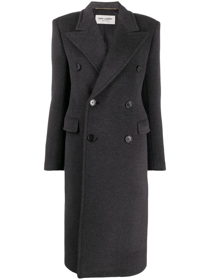 Saint Laurent Collared Double Breasted Coat - Grey