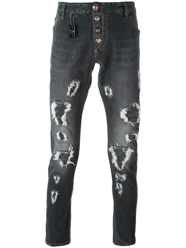 Philipp Plein Distressed Slim-fit Jeans, Men's, Size: 35, Black, Cotton/spandex/elastane