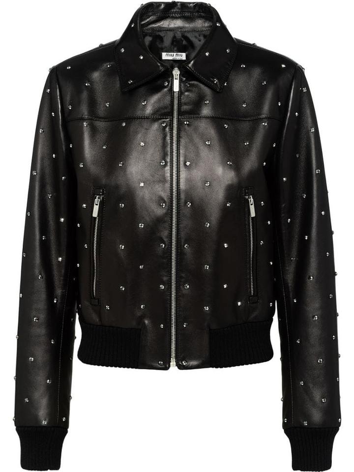 Miu Miu Crystal Embellished Biker Jacket - Black