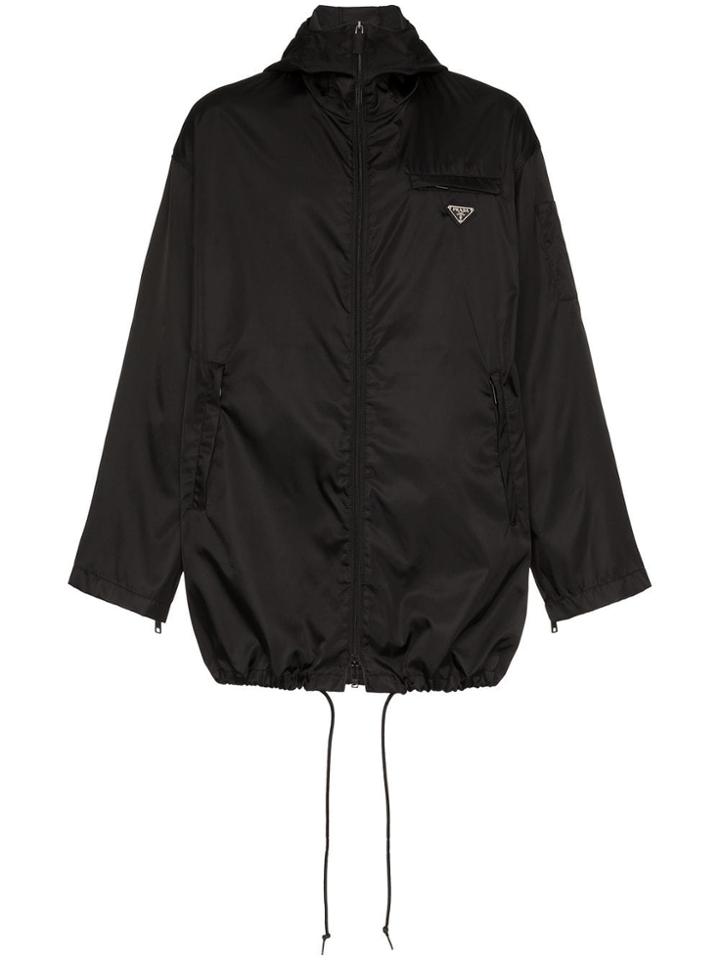 Prada Hooded Logo Plaque Windbreaker - Black