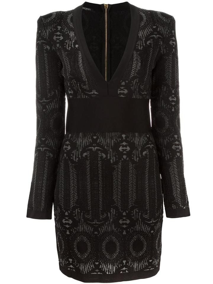 Balmain Embroidered Pattern Fitted Dress, Women's, Size: 40, Black, Polyamide/viscose
