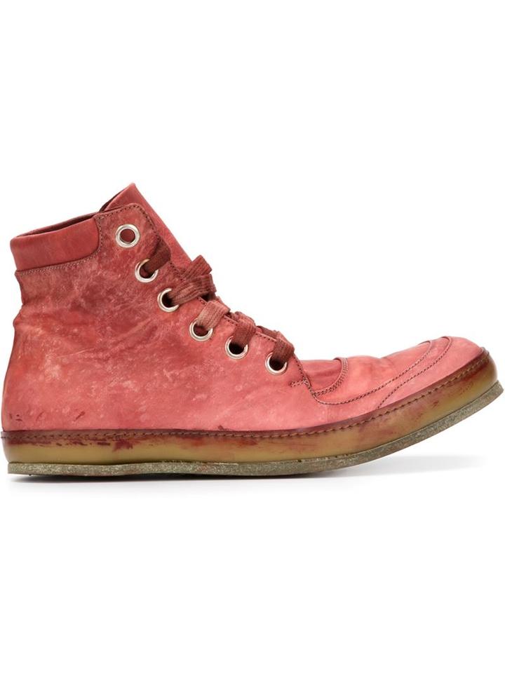 A Diciannoveventitre Distressed Hi-top Sneakers, Men's, Size: 43, Red, Rubber/horse Leather