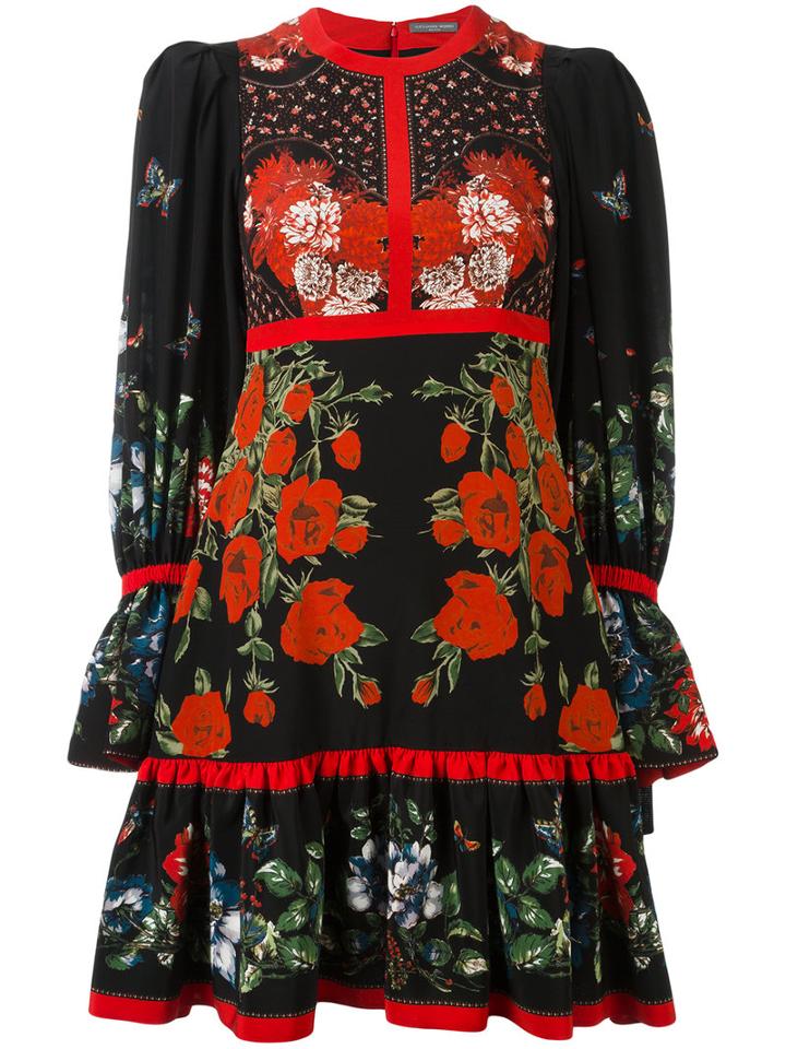 Alexander Mcqueen Floral Empire Line Mini Dress, Women's, Size: 38, Black, Silk