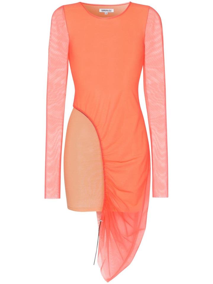 Supriya Lele Ruched Asymmetric Mesh And Jersey Dress - Orange