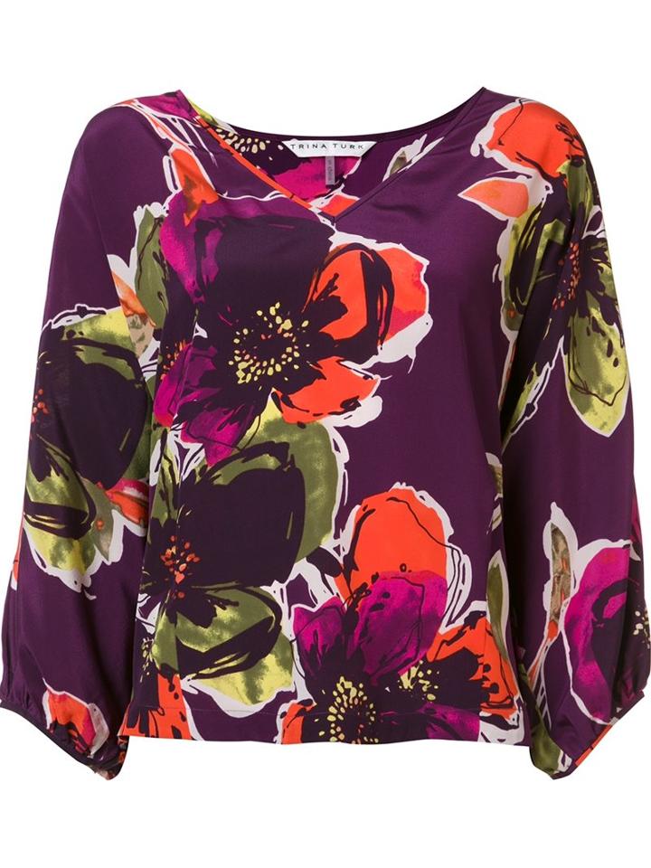 Trina Turk Floral Pattern V-neck Blouse, Women's, Size: Xs, Pink/purple, Silk