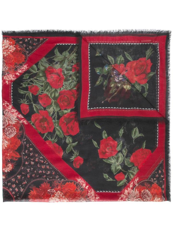 Alexander Mcqueen Rose Print Scarf, Women's, Black, Acetate