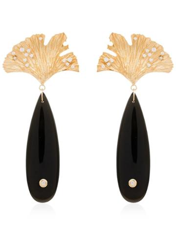 Apples & Figs 24kt Gold Vermeil Sea Shore Obsidian Leaf Earrings -