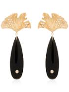 Apples & Figs 24kt Gold Vermeil Sea Shore Obsidian Leaf Earrings -