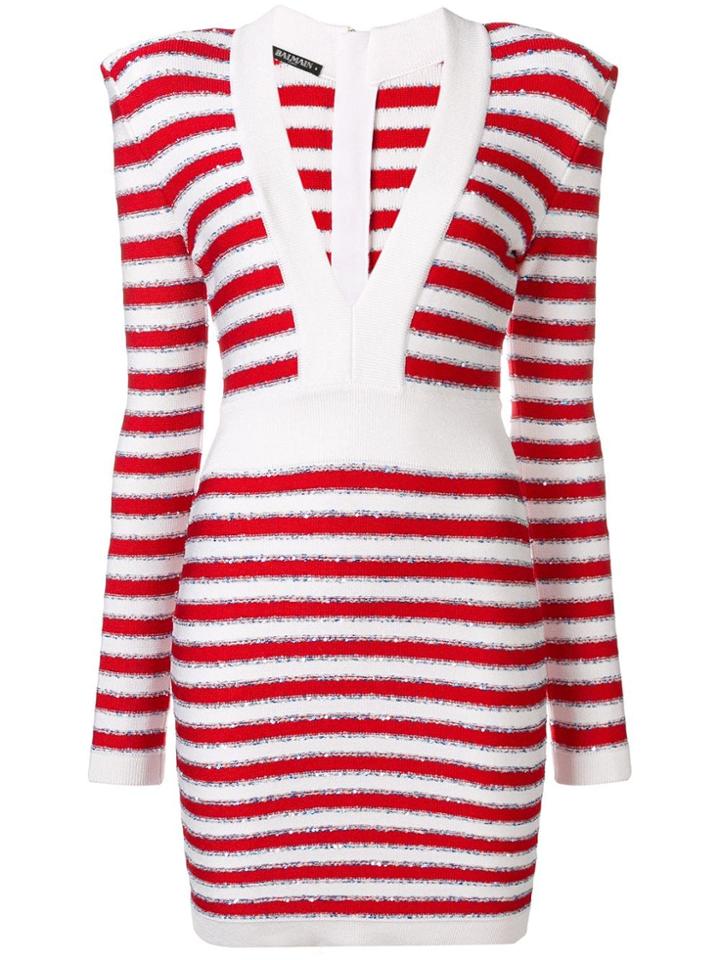 Balmain Lurex Stripe Plunge Dress - White