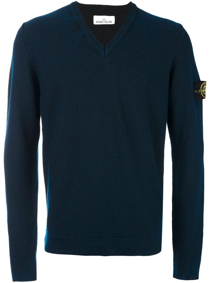 Stone Island V-neck Pullover, Men's, Size: Medium, Blue, Wool