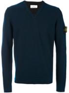 Stone Island V-neck Pullover, Men's, Size: Medium, Blue, Wool