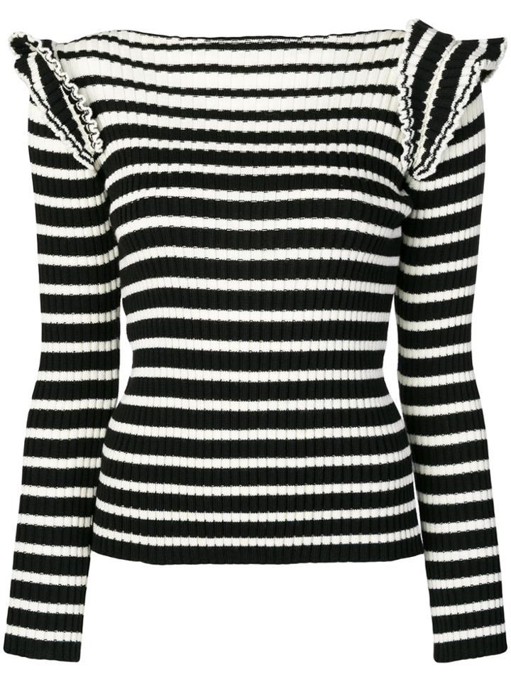 Msgm Striped Frill-shoulder Knitted Sweater - Black