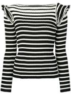 Msgm Striped Frill-shoulder Knitted Sweater - Black