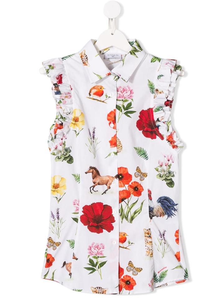 Monnalisa Teen Floral Print Sleeveless Shirt - White