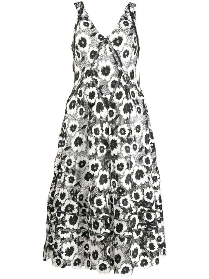 Self-portrait Floral Embroidered Flared Dress - Black