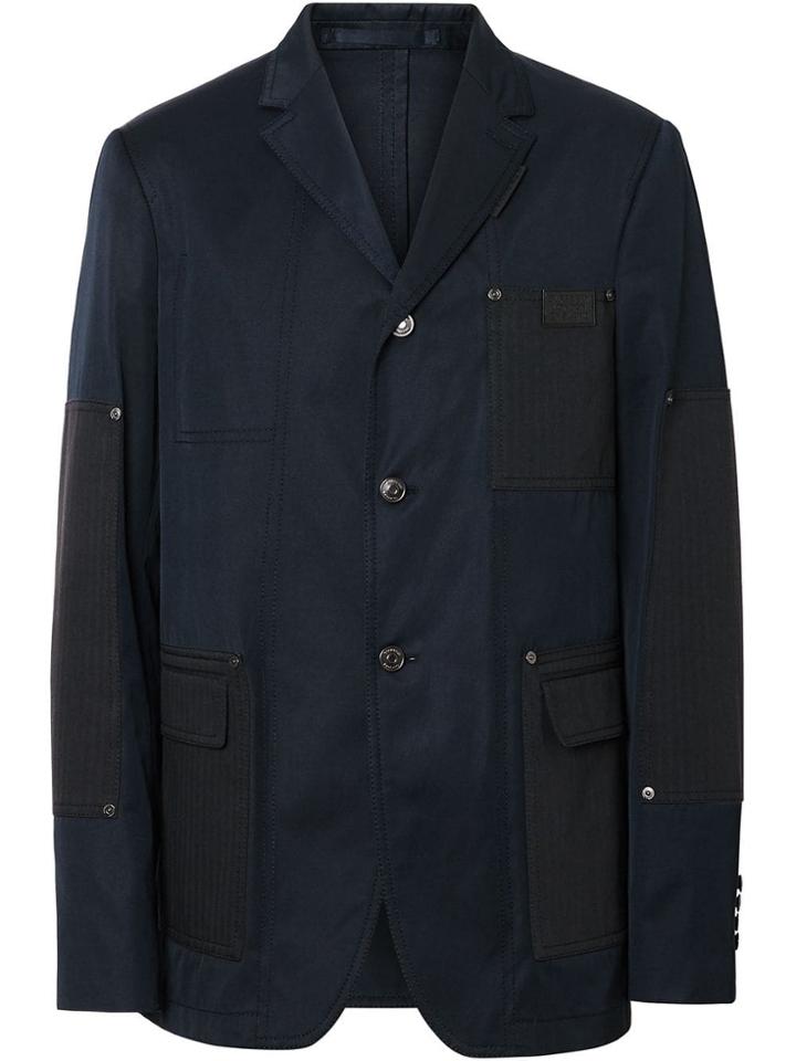 Burberry Herringbone Patch Detail Cotton Twill Blend Jacket - Blue