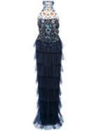 Marchesa Notte Embellished Tiered Ruffled Gown - Blue