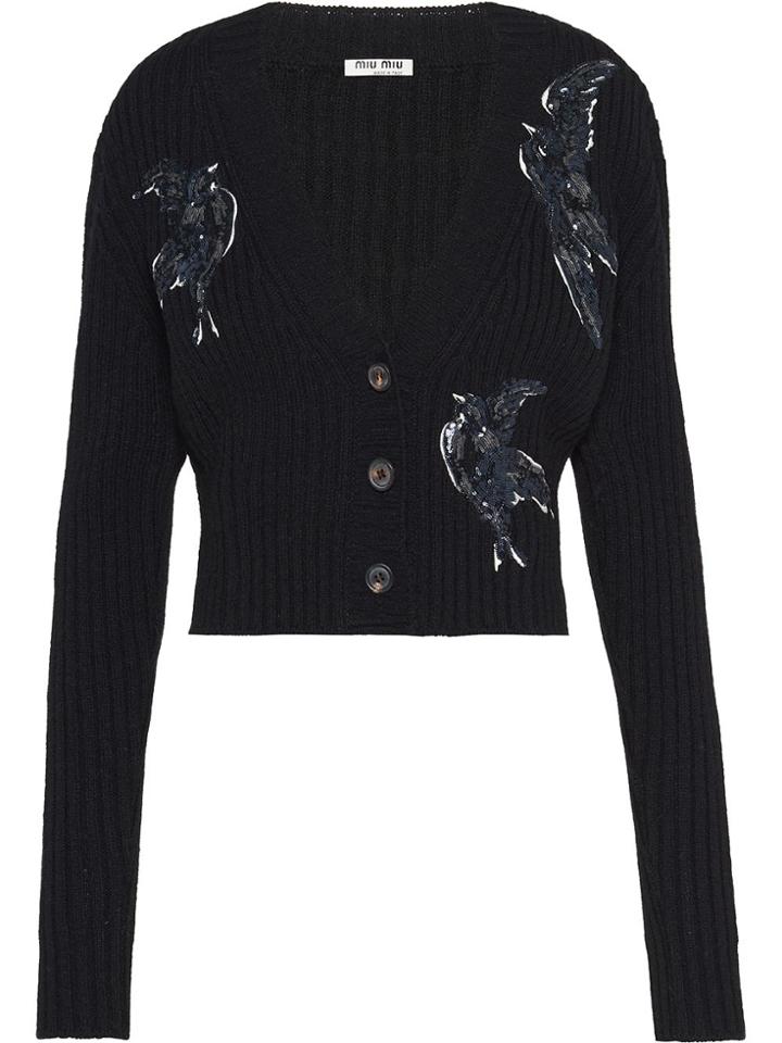 Miu Miu Sequin Embroidered V-neck Cardigan - Black