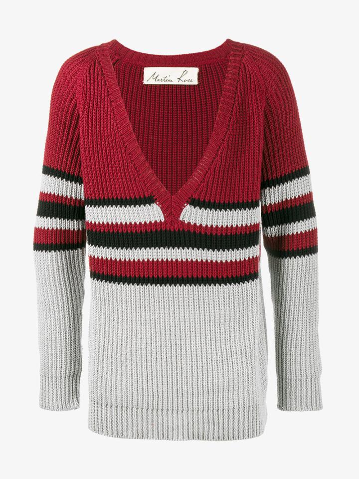 Martine Rose V-neck Stripe Jumper, Men's, Size: Medium, Red, Cotton