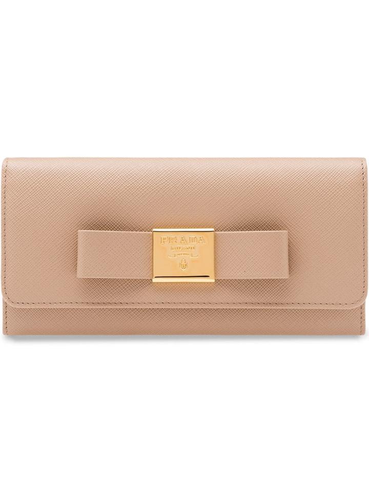 Prada Saffiano Leather Bow Wallet - Neutrals