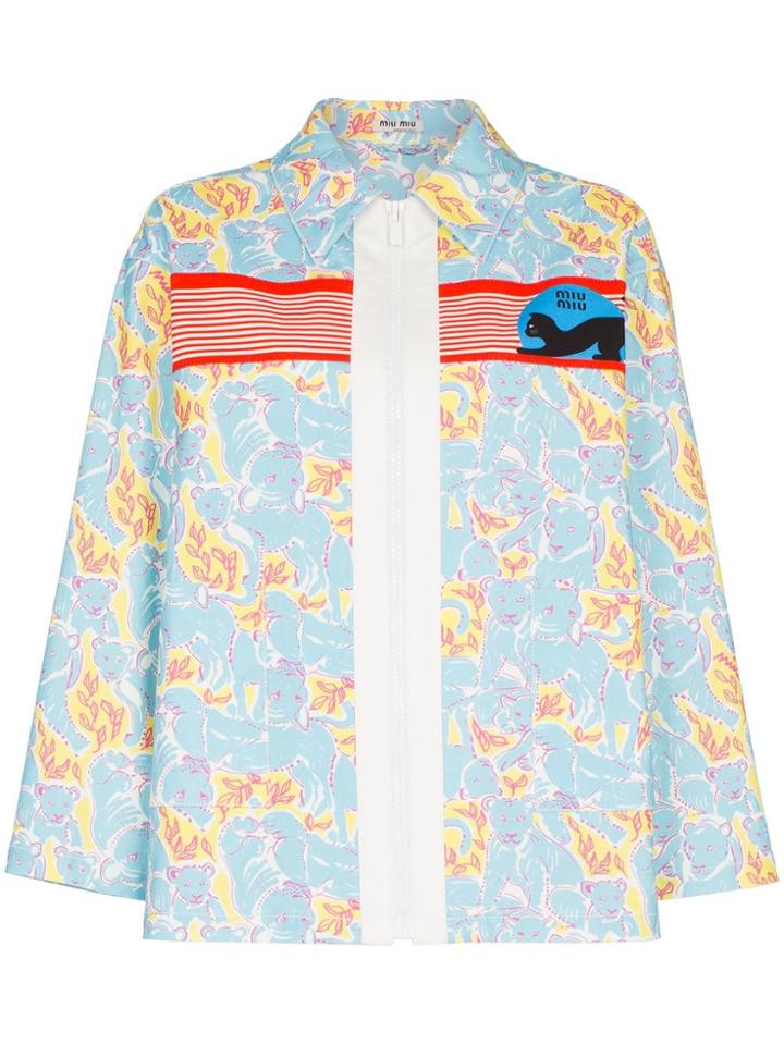 Miu Miu Cub Print Logo Stripe Denim Jacket - Blue