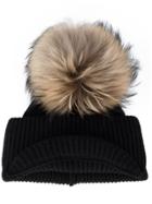 Inverni Black Ribbed Cashmere Hat With Visor And Fur Pom Pom
