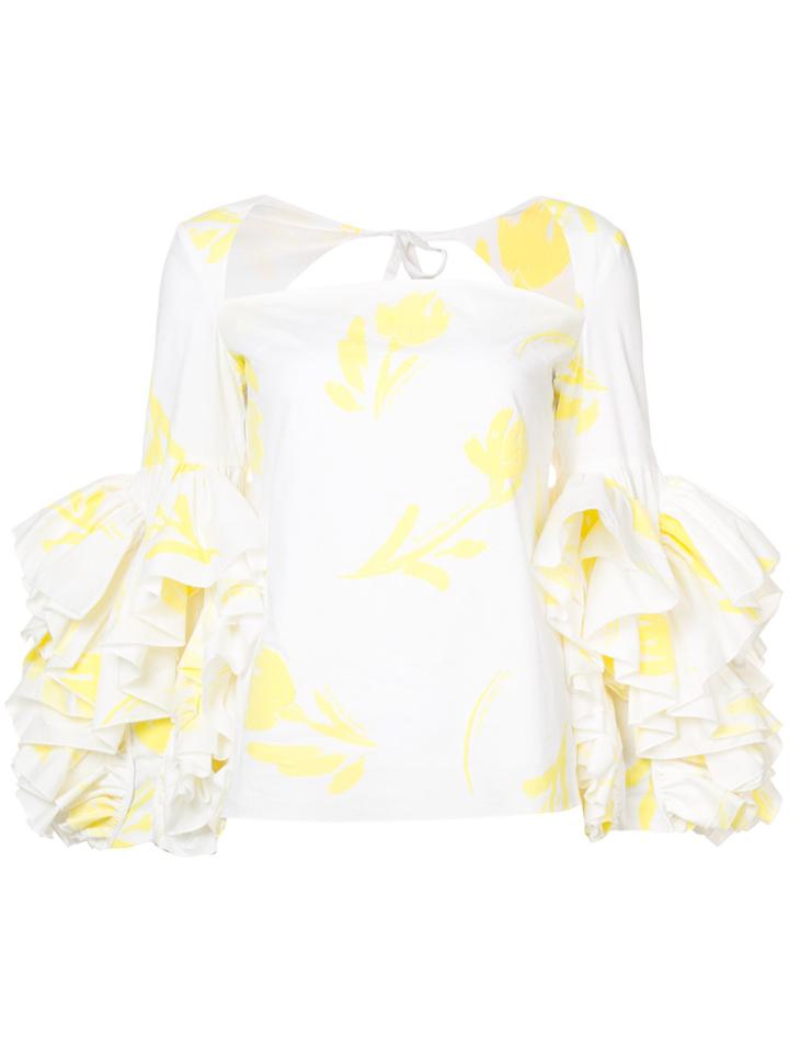 Rosie Assoulin Floral Ruffle Sleeve Blouse - White