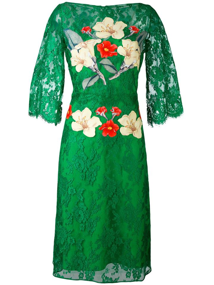 Rhea Costa - Flower Print Lace Dress - Women - Silk/viscose - 48, Green, Silk/viscose