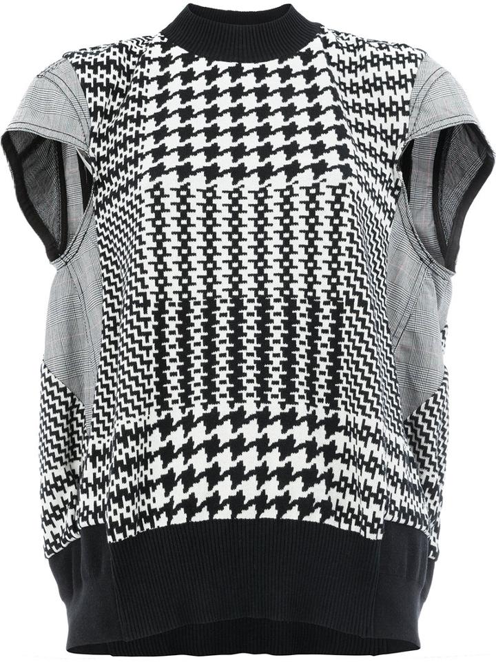 Sacai - Knitted Combo Hounds-tooth Sweatshirt Top - Women - Cotton/polyurethane - 3, Women's, White, Cotton/polyurethane
