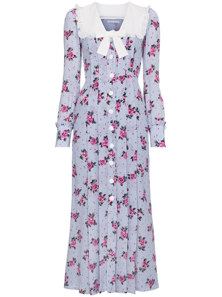 Alessandra Rich Rose Print Silk Dress - Pink & Purple