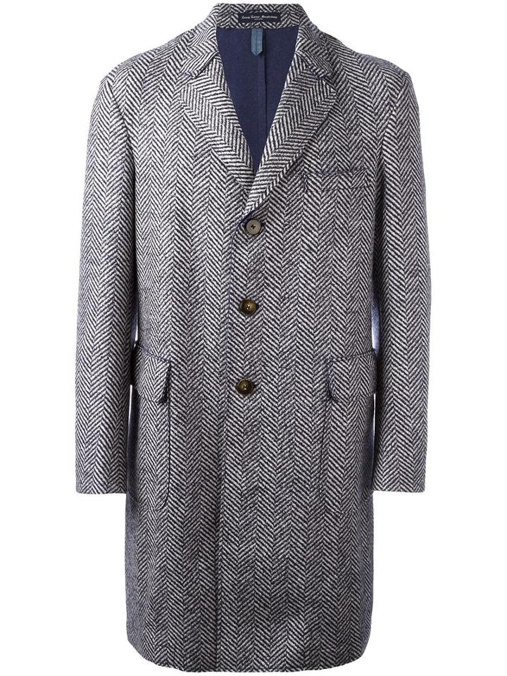 Jacob Cohen Herringbone Pattern Mid Coat, Men's, Size: 52, Blue, Virgin Wool/polyamide/cotton