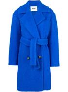 Msgm Belted Double-breasted Bouclé Coat - Blue