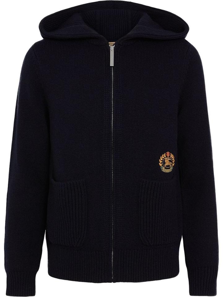 Burberry Embroidered Archive Logo Cashmere Hooded Top - Blue