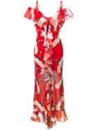 De La Vali Jolene Bird Printed Ruffle Slip Gown - Red
