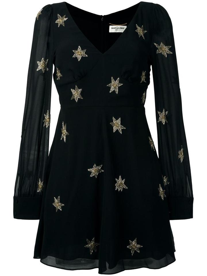 Saint Laurent Star Embellished Mini Dress, Women's, Size: 38, Black, Silk