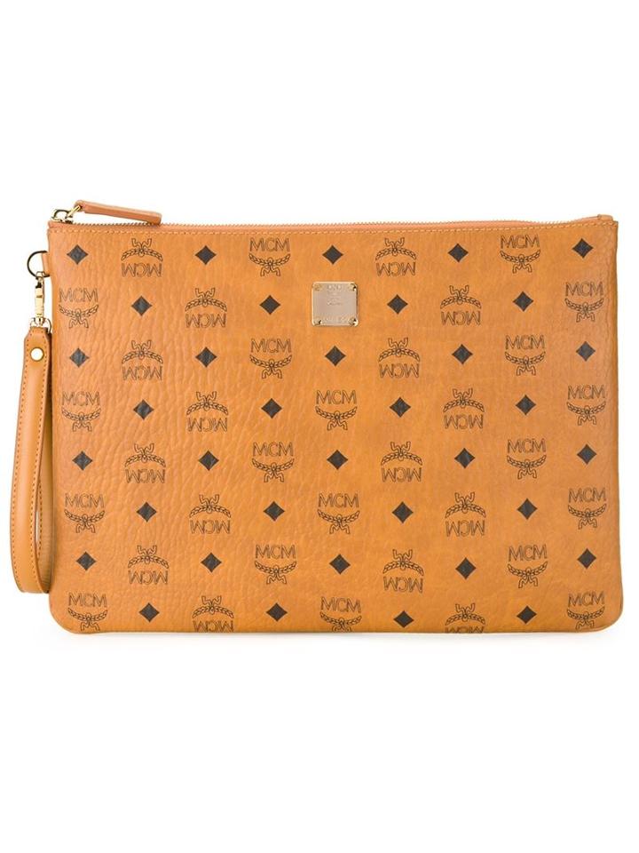 Mcm Logo Print Zip Clutch Bag, Men's, Brown, Polyester