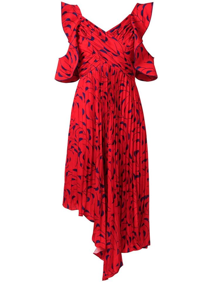 Self-portrait Asymmetric Printed Pleated Dress - Red