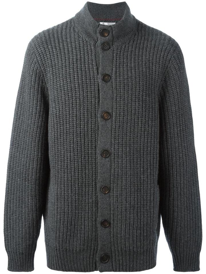 Brunello Cucinelli Ribbed Cardigan, Men's, Size: 48, Grey, Cashmere