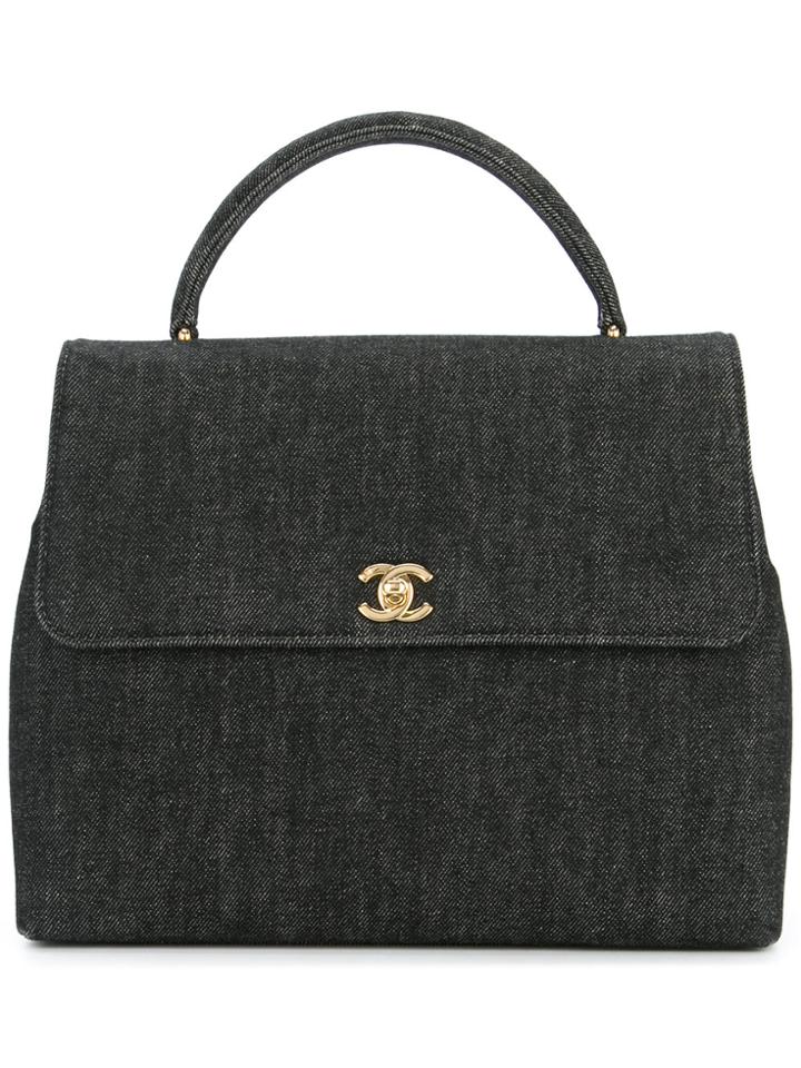 Chanel Vintage Cc Logo Denim Tote - Black