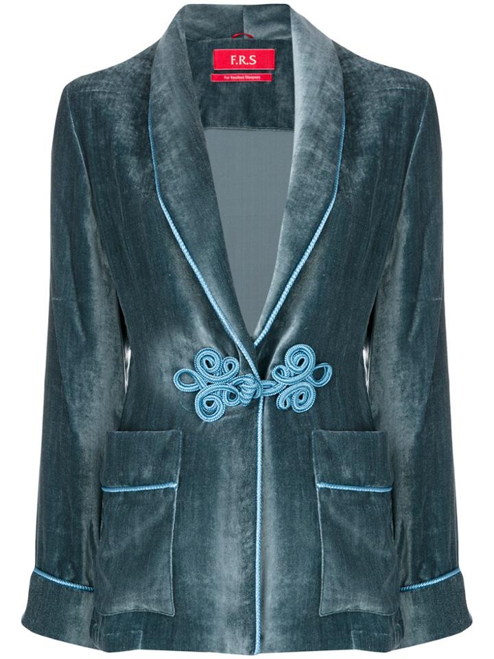 F.r.s For Restless Sleepers Frogging Trim Velvet Jacket - Blue