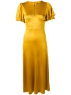 Alexa Chung Satin Midi Dress With Pleated-sleeved - Yellow