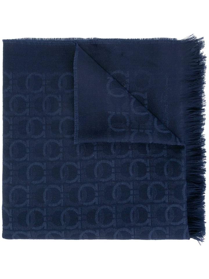 Salvatore Ferragamo Gancio Print Scarf, Men's, Blue, Silk/wool