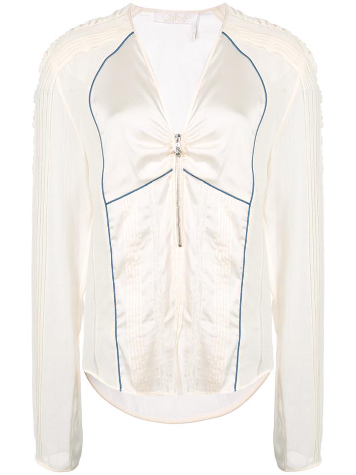 Chloé Pintuck Half Zip Blouse - White