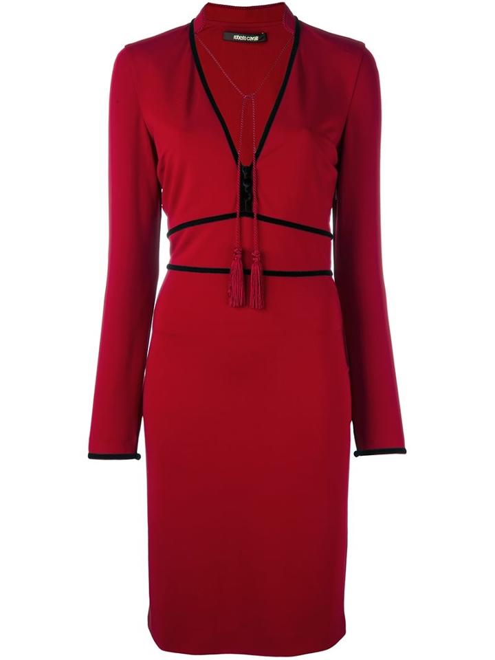 Roberto Cavalli Tassel Neck Fitted Dress, Women's, Size: 50, Red, Spandex/elastane/viscose