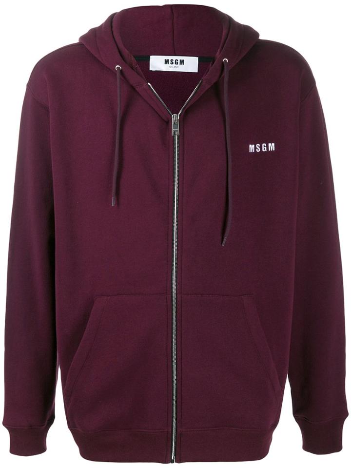 Msgm Logo Embroidery Zipped Hoodie - Purple