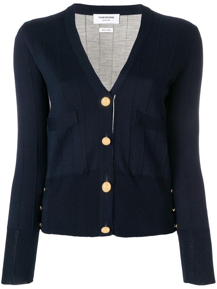 Thom Browne Striped Silk Blend V-neck Cardigan - Blue