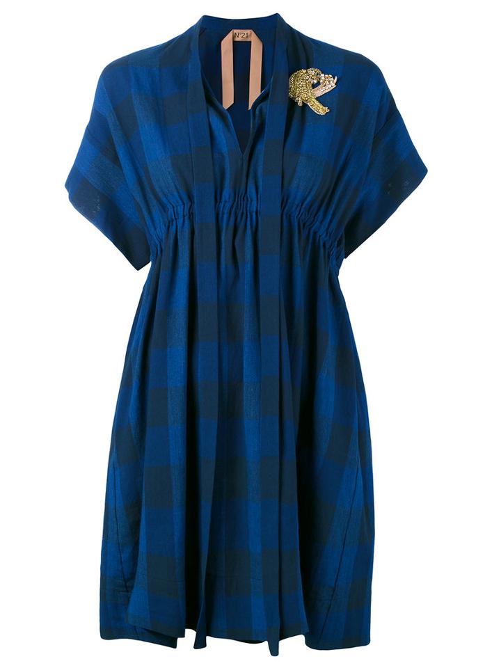 No21 Bird Patch-embellished Plaid Dress, Women's, Size: 42, Blue, Cotton/linen/flax