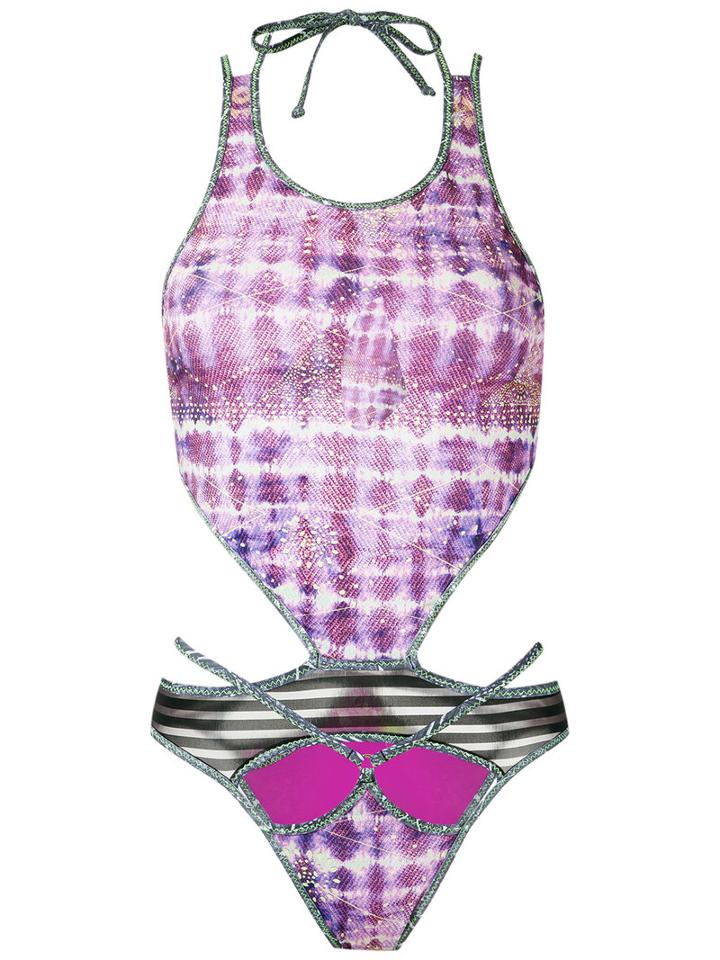Janiero Panelled Print Swimsuit, Women's, Size: G, Pink/purple, Elastodiene/polyamide
